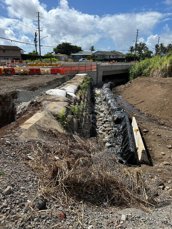 Channel and embankment work approaching Hauula Bridge