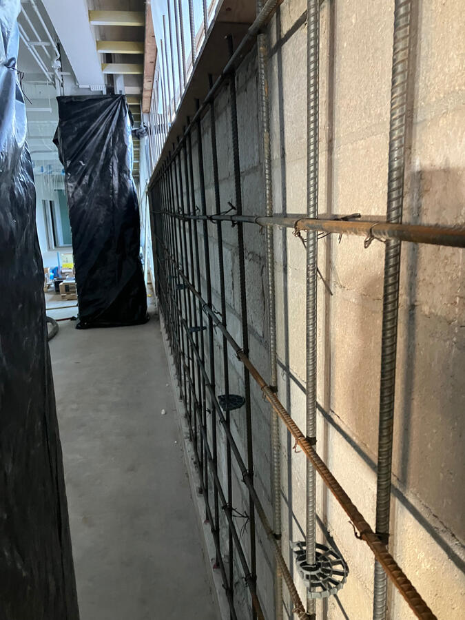 Side view of reinforced wall construction at UH Sinclair Library