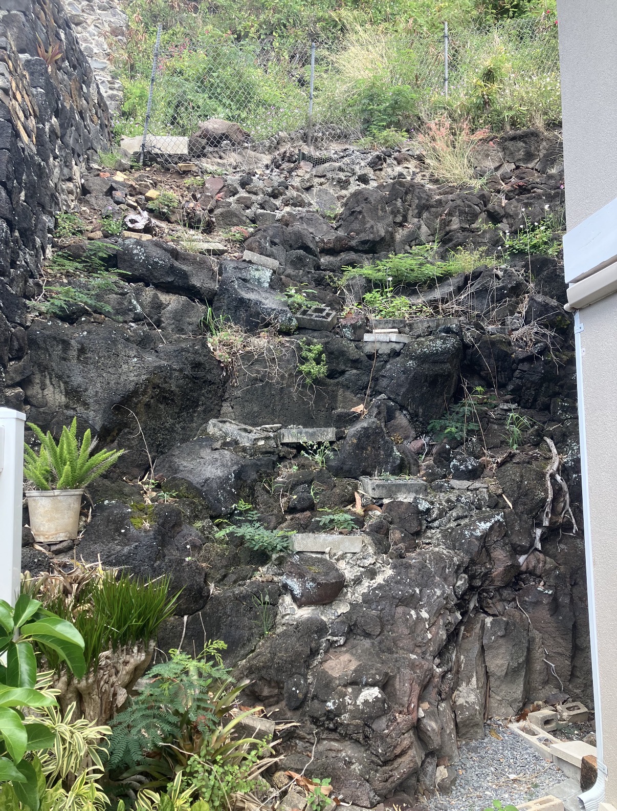 Stepped rock slope at the start of the Pacific Heights rockscape project